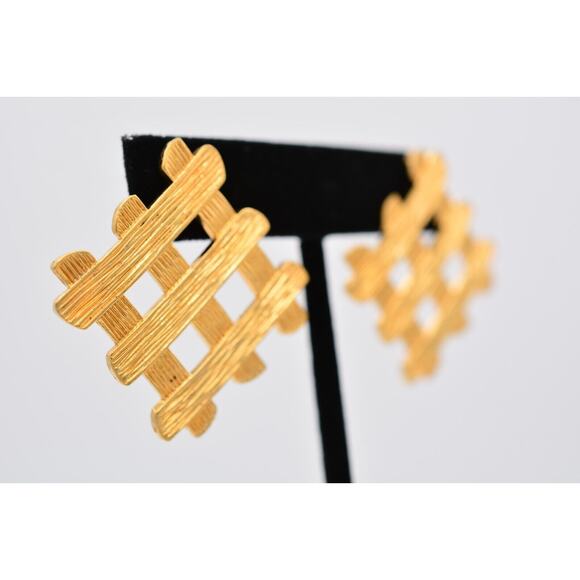 Vintage Dangle Weaved Earrings Brushed Shiny Gold Textured Chunky 1980s BinAY - Picture 4 of 12